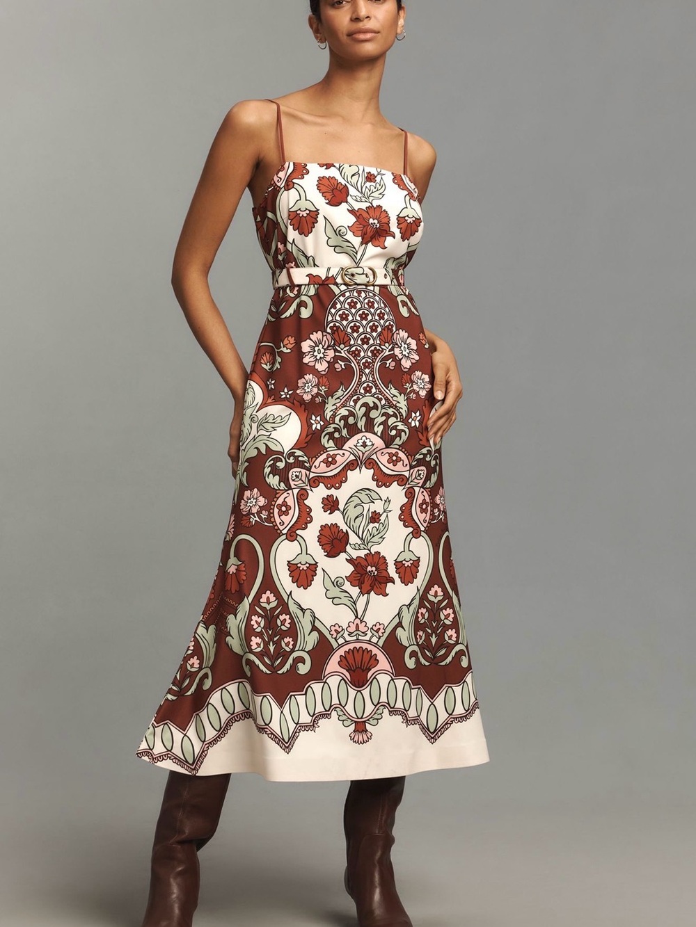 Brown Floral Print Midi Dress with Spaghetti Straps (Reversible)